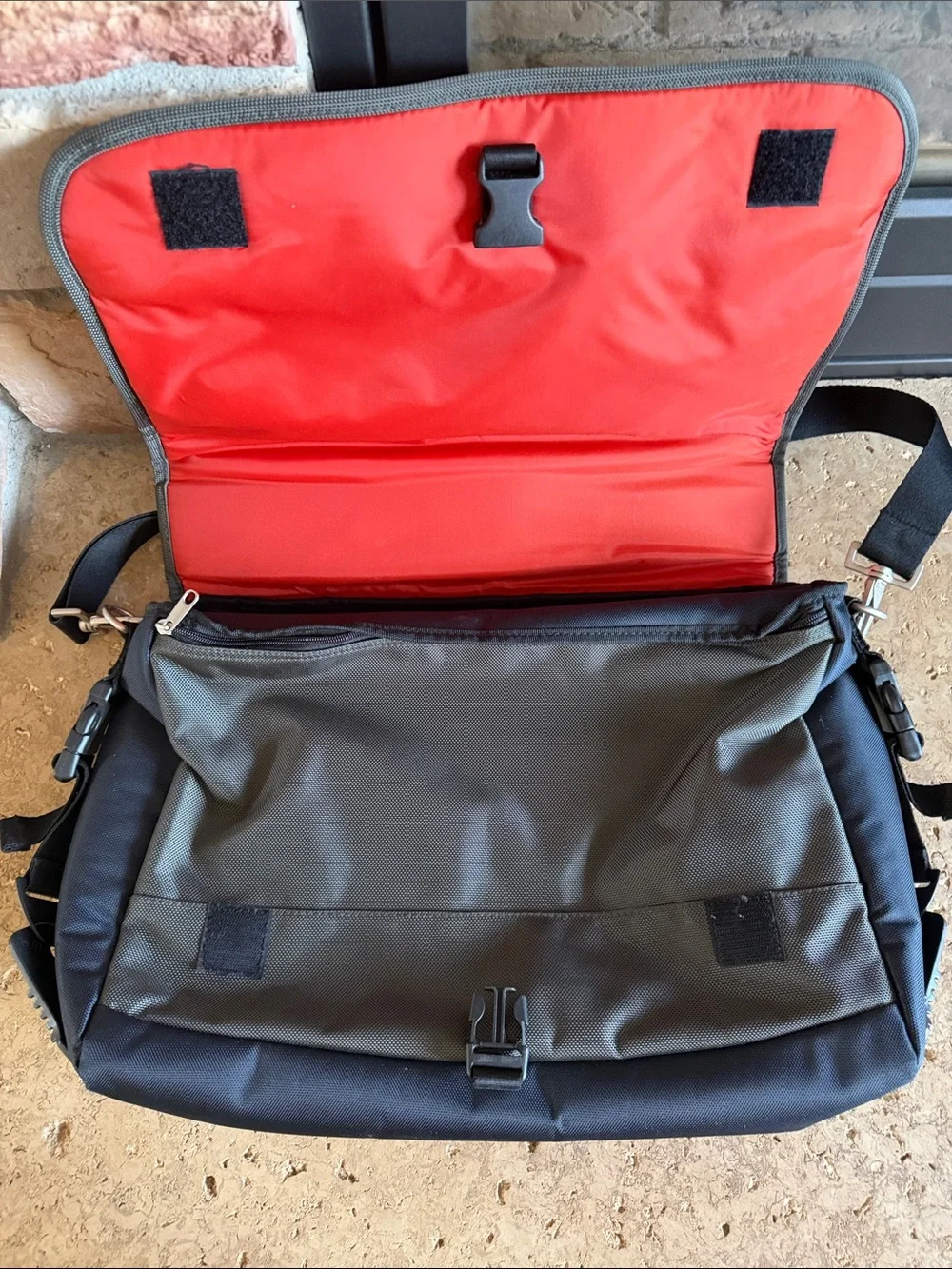 Eddie Bauer Navy, Gray & Black Messenger Bag with Red Accent